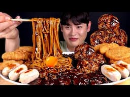 ASMR 짜장면&짜장주먹밥 백소세지 튀긴만두 해쉬브라운 먹방~!! Black Bean Noodles With White Sausage Hash Brown MuKBang~!!