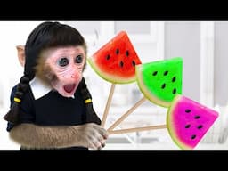 Monkey Baby Bon Bon eats rainbow watermelon with duckling and pretends to be Wednesday