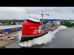 Tewaterlating van de CARBON DESTROYER 1 bij Niestern Sander in Farmsum/Delfzijl.