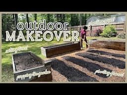 SPRING OUTDOOR MAKEOVER | Prepping the Garden, Backyard Cleanup, Planting Flowers, Trees & Grass 🌼