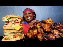 Asmr mukbang bbq chicken wings, legs, and beef burgers