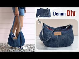 Sewing tutorial for transform old jeans into shoulder bag, How to sew shoulder bag out of old jeans.