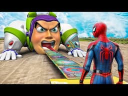 Spider Man Saves Woody and Buzz Lightyear Joker Summons Monsters with Cards!  Live Action Spider