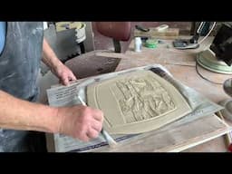 Hand build a large platter with a 3D carved roller stamp whale design.