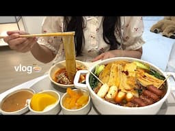 넓적당면, 푸주 넣은 마라탕/눈꽃치즈 불닭볶음면+크레미 유부 초밥/순두부찌개+호박전/수박화채/빽다방 크룽지, 마카롱, 소금빵, 팬케이크 자취생 먹방 브이로그 MUKBANG VLOG