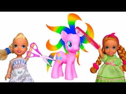Elsa and Anna toddlers style the ponies at the salon part 4
