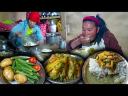 Okra and Potato mix fry recipe and rice cooking and eating in village kitchen | Aalu & Bhindi recipe