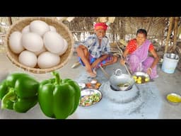CAPCICUM EGG CURRY and MANGO DAL cooking for lunch by santali tribe old couple