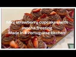 Mini strawberry cupcakes with mocha frosting