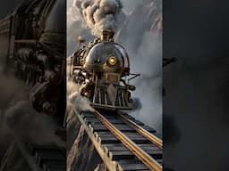A luxurious steampunk train chugging across a foggy mountain bridge