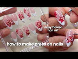 HOW TO MAKE PRESS ON NAILS STEP-BY-STEP + red flower nails for spring  easy nails art tutorial