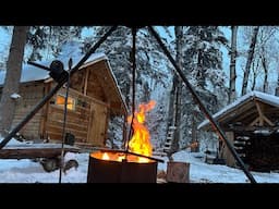 FREEZING cold SOLO overnight, BIG snowfall,  -30C, TINY cabin in the BUSH