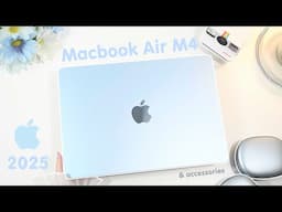 MacBook Air M4 Sky Blue Aesthetic Unboxing ☁️🩵 AirPods Max 🎧Gaming, Speed Test & Useful Accessories!