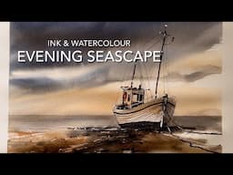 ATMOSPHERIC LINE & WASH Watercolor SEASCAPE, Loose WATERCOLOUR Landscape Painting Technique Tutorial