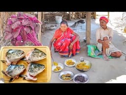 FISH HEAD CURRY and LAL SHAK VAJI cooking & eating by santali tribe old couple