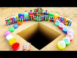 Big blue Toothpaste Erupts from Square Hole with Giant Balls & Coca Cola, Pepsi, Fanta and Mentos