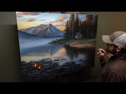 Mountain Lake Cabin Oil Painting - Campfire, Fishing, Canoeing and Wildlife