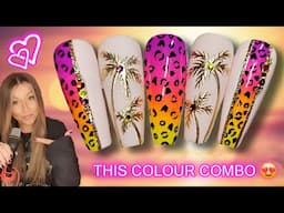 🌴 Summer Ombre Nail Art Design | Neon Leopard Print & Chrome Palm Tree | Easy Holiday Vacation Nails