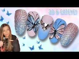 🦋 3D Cateye Butterfly Nail Art | Easy Spring Summer Butterflies & Bling | Pink Blue Glitter Ombre