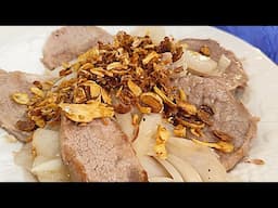 Grilled Steak with Garlic Chips and Sweet Onions