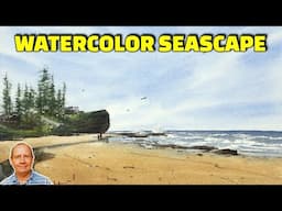 Wispy clouds and realistic waves and sand. Painting clouds with watercolors tutorial