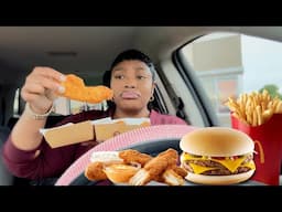 TRYING MCDONALD'S NEW CHICKEN STRIPS + DOUBLE CHEESE BURGER AND LARGE FRY !!! MUKBANG!!