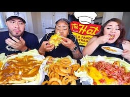 MUKBANG • MASSIVE ONION RING CHILI CHEESE FRIES POUTINE PASTRAMI FRIES