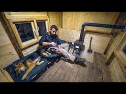 Winter Camping Under the Rain with My Dog in a Wooden Cabin