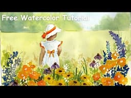 Easy Watercolor Girl in Flower Garden for Beginners - Soft Field of Wild Flowers in Watercolor