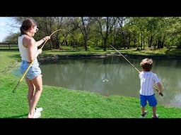 Cane Pole Fishing with Family in Backyard Pond