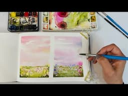 Watercolor Journal Day 212 (Subtle warm and cool landscapes with flowers)