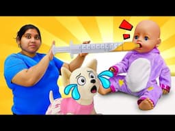 The baby doll drank very cold iced tea and got sick! Looking agter the baby born doll together.