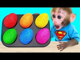 Monkey Baby Bon Bon plays the Long Slide Game and eats rainbow eggs with the duckling