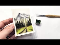 Simple watercolor mountain pathway painting tutorial » Beginner pine tree landscape painting EASY