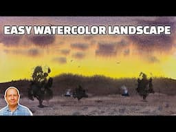 Easy watercolor landscape lesson. Free to copy warm sunset. Quick watercolour landscape tutorial.