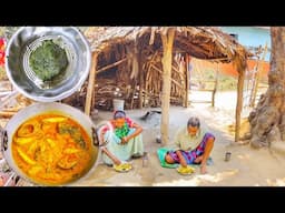 ROHU FISH CURRY with Raw Mango and Lau shak vorta cooking & eating by santali tribe couple