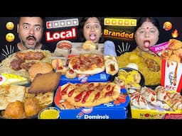 LOCAL VS BRANDED FOOD CHALLENGE - KFC CHICKEN VS DOMINOS PIZZA VS WOW MOMO, BIRIYANI, FUCHKA EATING