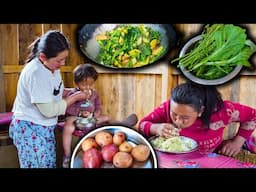 Green Mustard (RAYO) Squash Leaves & Potato recipe with rice Eating in Village | Nepali Village Food