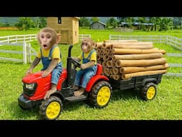 Monkey Bim Bim drives a tractor: cut bamboo to make a new cage for the baby rabbits