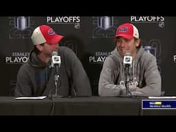 Logan Thompson and Dylan Strome talk after Game 2 vs. Montreal