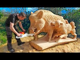 REAL SIZE WOODEN WILD BOAR and DOG, amazing chainsaw wood carving |  Vlad Carving