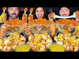 SPICY STREET FOOD EATING CHALLENGE EGG CHICKEN CHOWMEIN & MANCHURIANA, PASTA, PANI PURI, CORN DOG