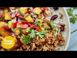 Delicious Shredded Jerk Tofu Bowls with Fresh Mango Salsa - Easy Vegetarian Recipe