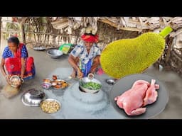 Santali tribe people daily life, they cook chicken jackfruit curry and shak vaji for lunch