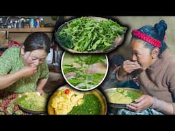 Nettles curry with Corn Rice THEPLA cooking & eating in Village || Nepali Traditional food Food Vlog