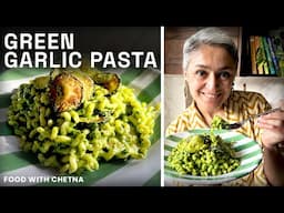 Green garlic pasta with homemade pesto!