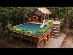 Man Builds House with Log Cabin and Private Swimming Pool in Deep Forest