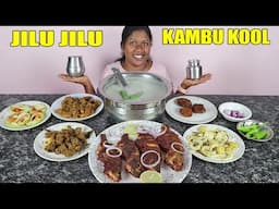 5 L குளு குளு கம்பு கூழ் with Mutton chicken Pepper Fry Eating Challenge in Tamil Foodies Divya