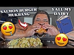SALMON BURGER AND SALAD MUKBANG | YALL LITERALLY MY DIARY 📔😍🤌🏾