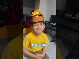 He made the lion head band with the teacher for the Children Day 💙🩵 #kids #kidsarttime  #activity